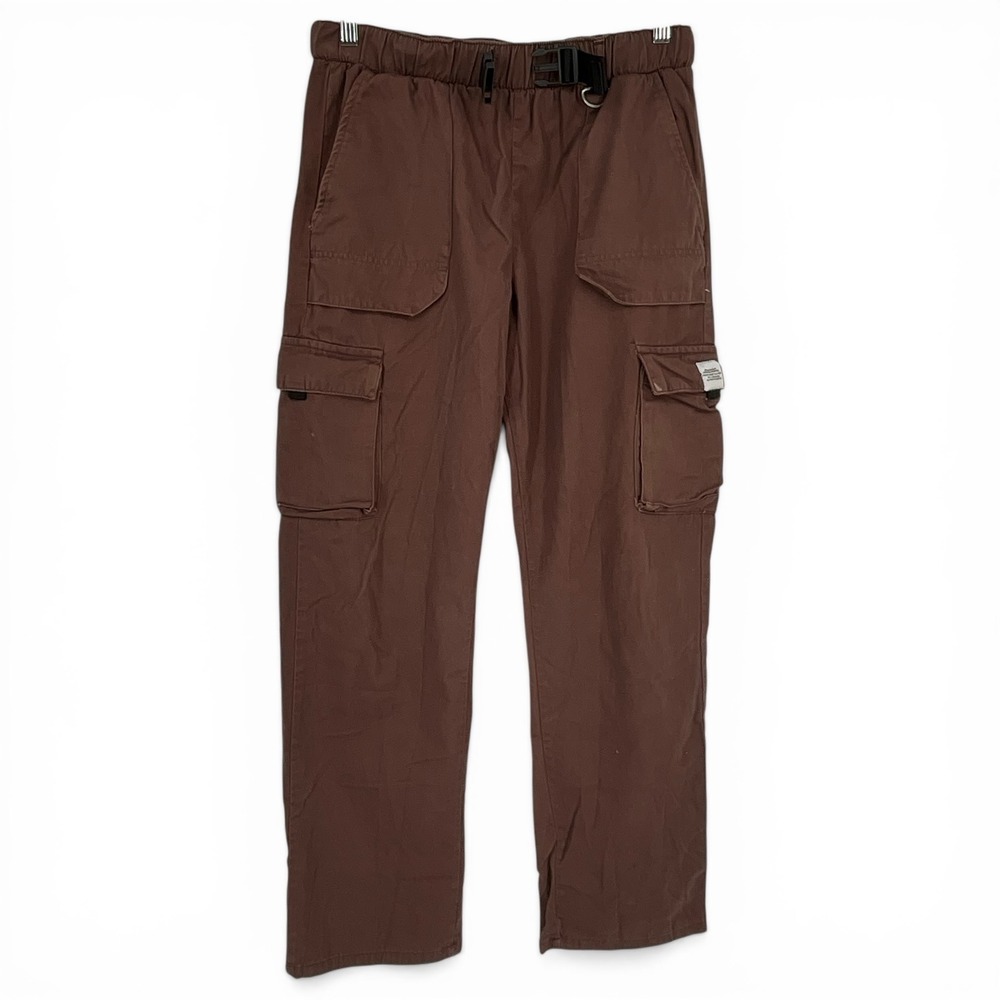 BoohooMAN Brown Cargo Pants Mens Small Elastic Waist Belted Utility Trousers